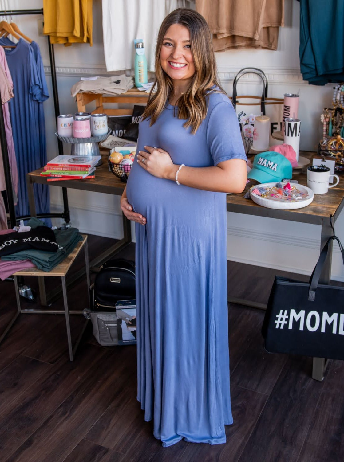 Maternity Round Neck Flare Solid Maxi Dress - Denim