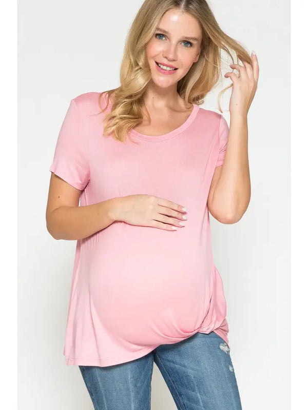 Maternity Front Hem Twist Knotted Solid Basic Top Pink
