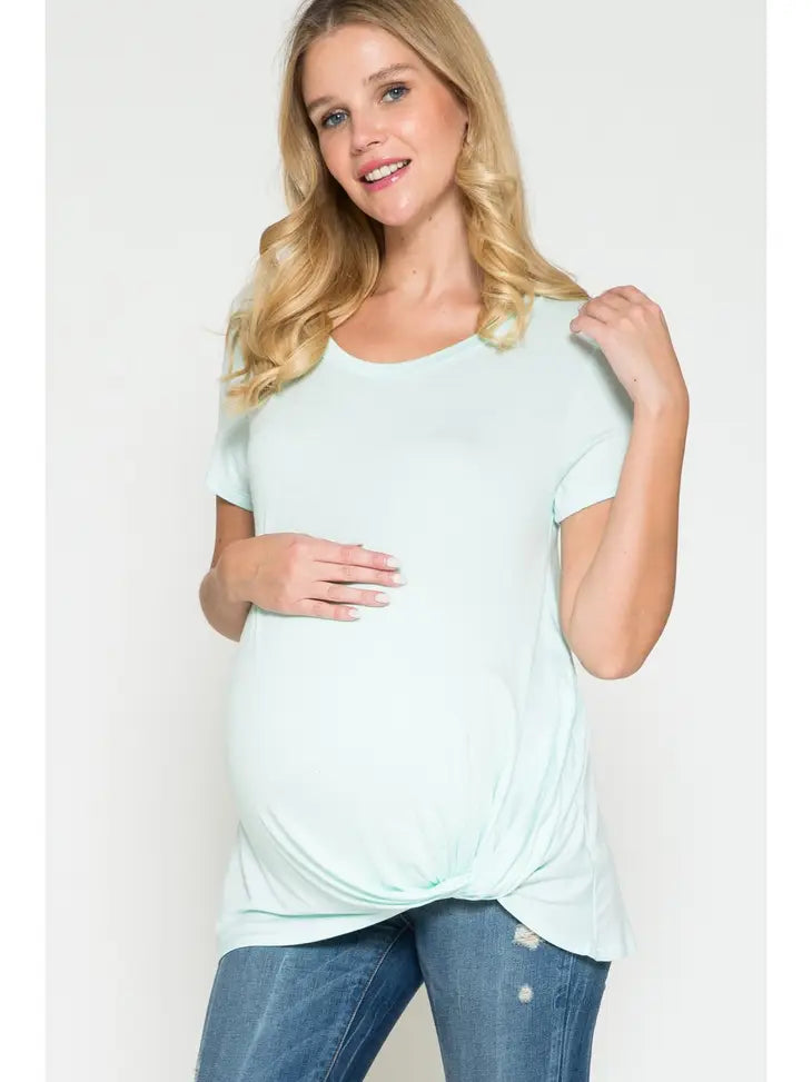 Maternity Front Hem Twist Knotted Solid Basic Top Mint