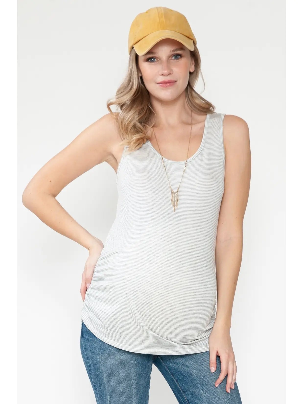 Maternity Shirring Ruched Stripe Sleeveless Top